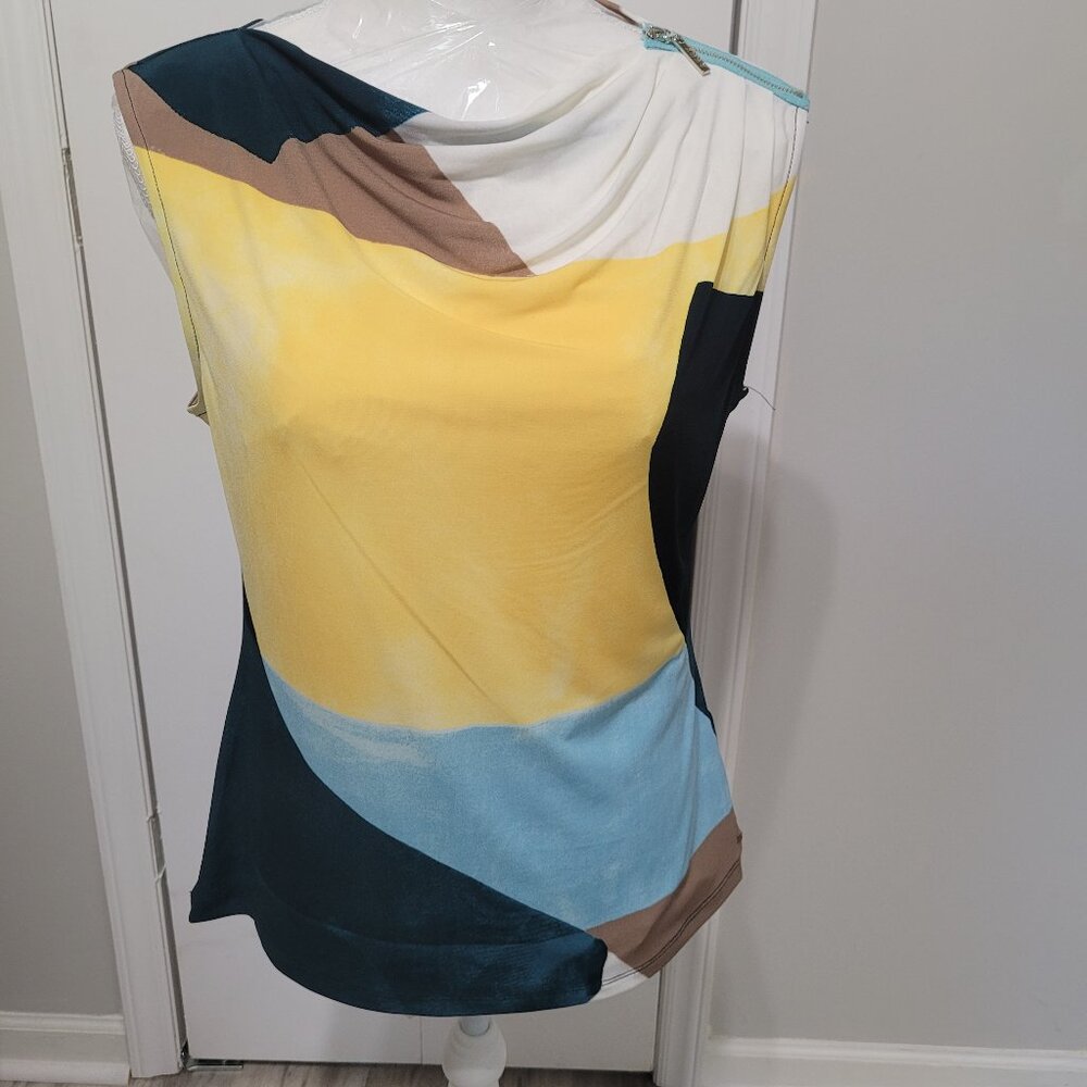 DKNY sleeveless drape neck top with zipper shoulder